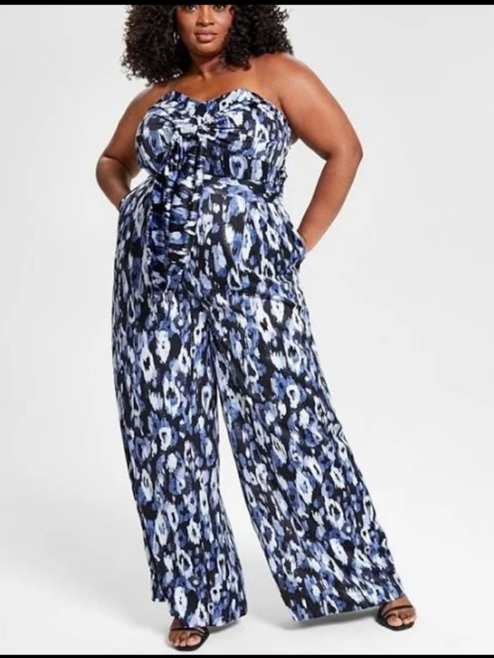 Nina Parker Strapless Jumpsuit Blue Black Animal Print Wide Leg Size 22W NWT